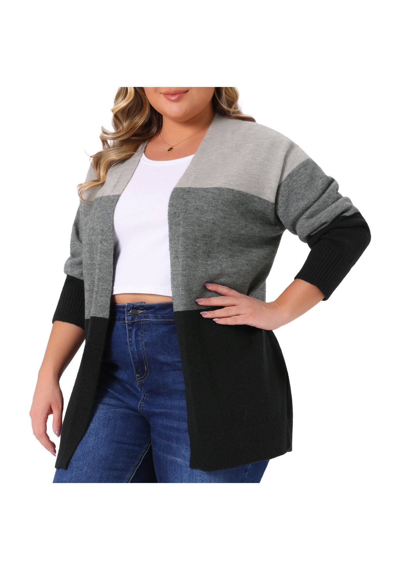 Striped Color Block Long Sleeve Knit Cardigan, Black Grey / Black, alternate image number 1