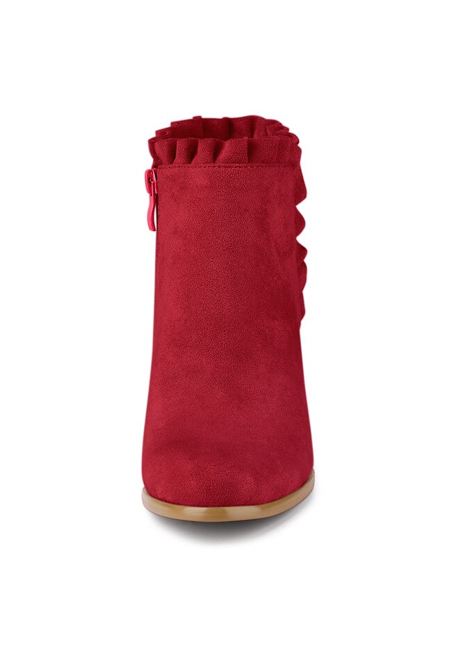 RUFFLE BLOCK HEEL ANKLE BOOTS, Red / Red, alternate image number null