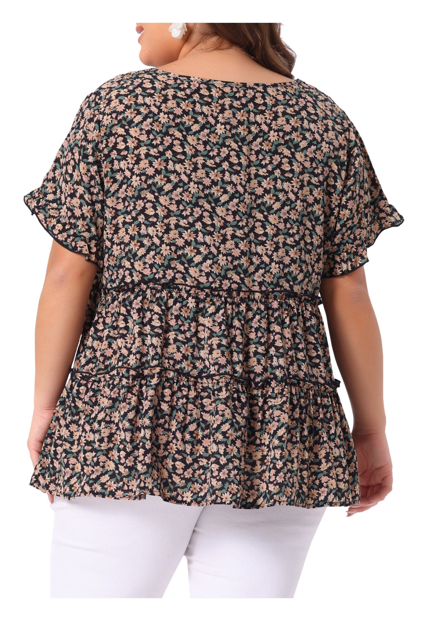 Floral Print V Neck Ruffles Sleeve Tiered Babydoll Blouse, Black Beige / Beige, alternate image number 3