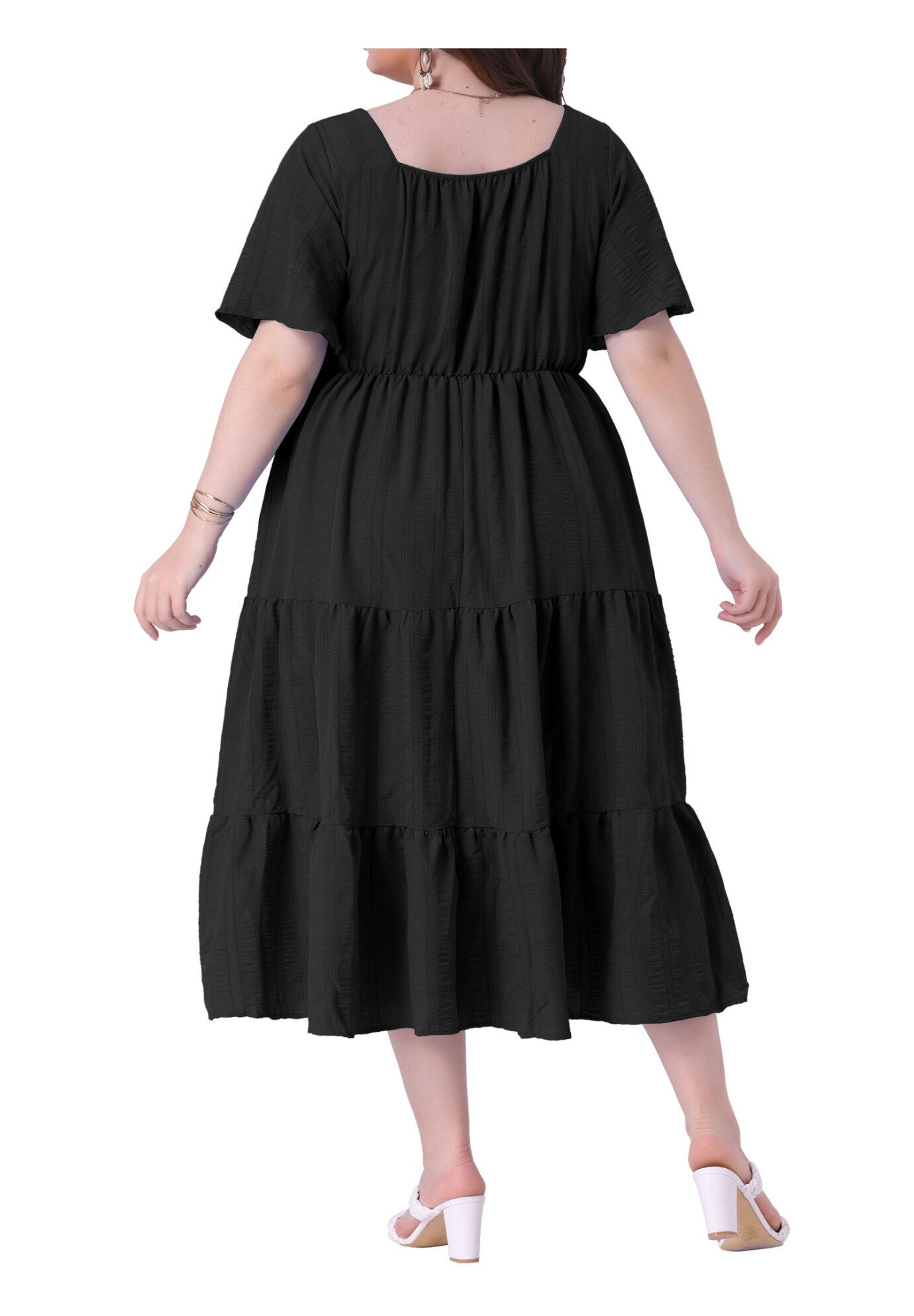 Short Sleeve Flowy A Line Tiered Long Dresses, Black / Black, alternate image number 3