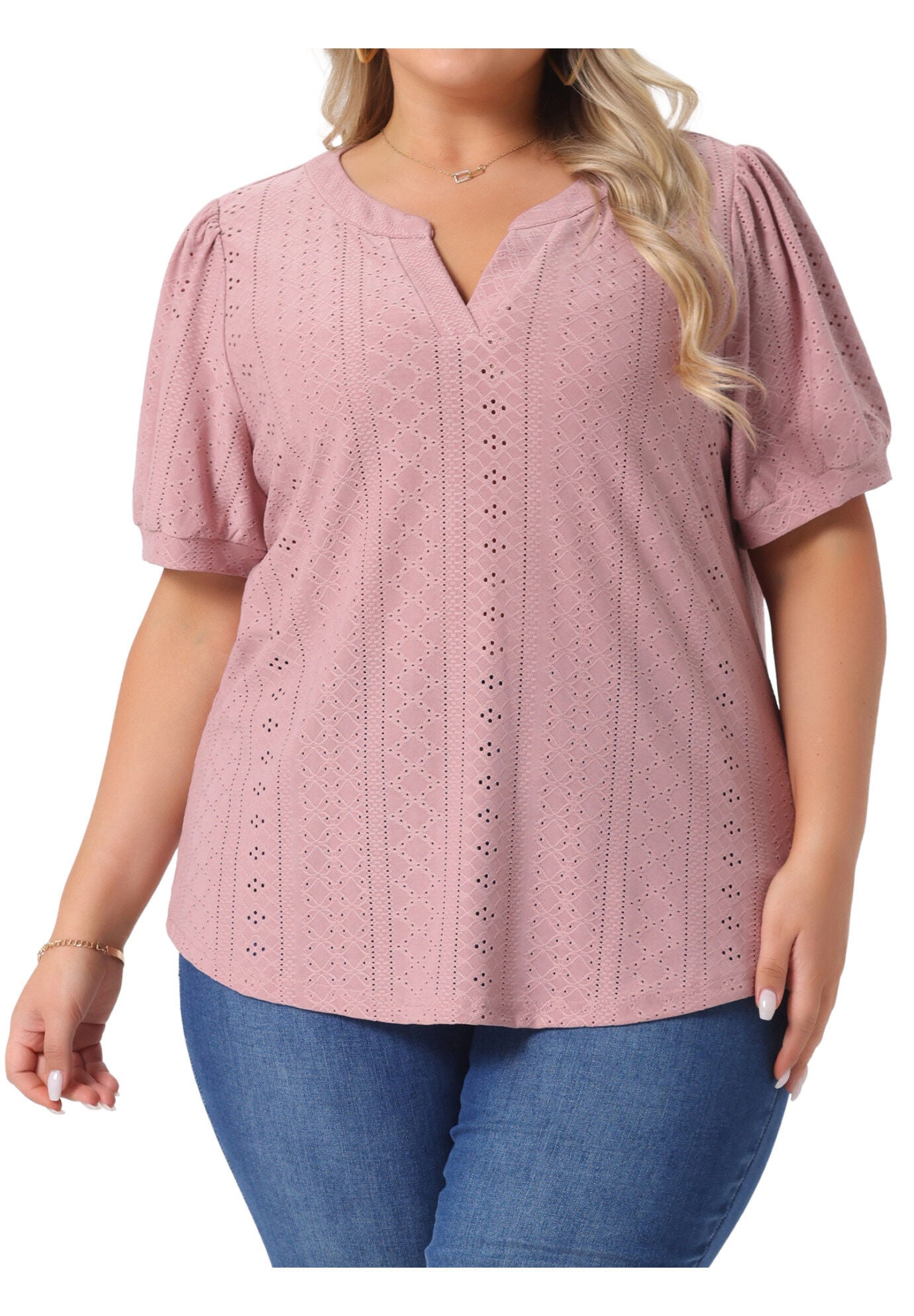 Hollow Casual V Neck Short Sleeve Summer Blouse, Pink / Pink, alternate image number 2