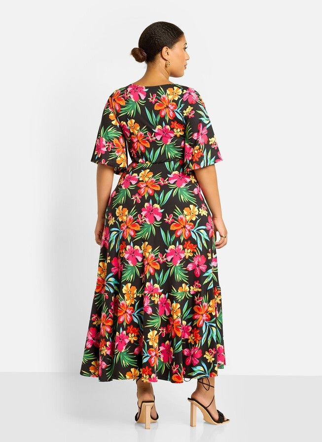 FELINA FLORAL PRINT SKATER MAXI DRESS, Black / Black, alternate image number 4
