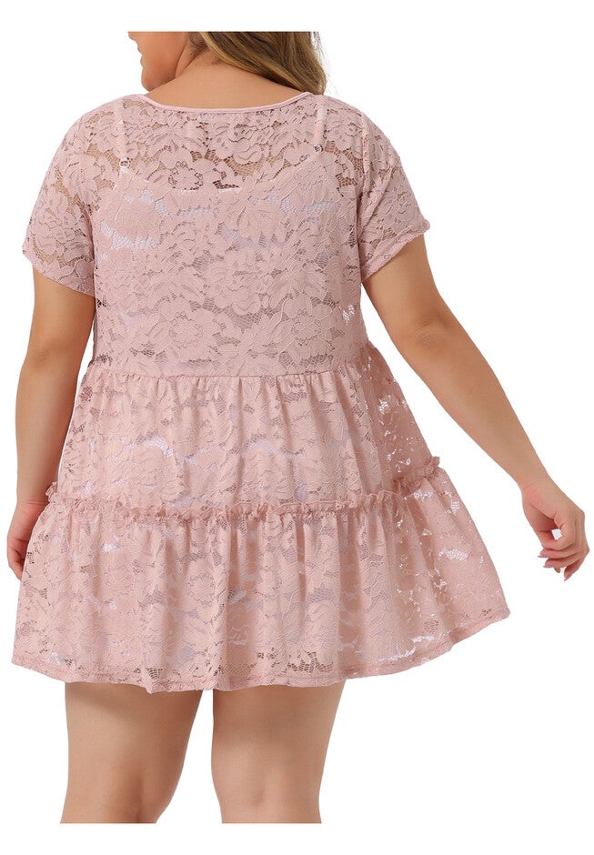 Babydoll Blouse Lace Allover Short Sleeve Tiered Peplum Top, Pale Pink / Pink, alternate image number 3