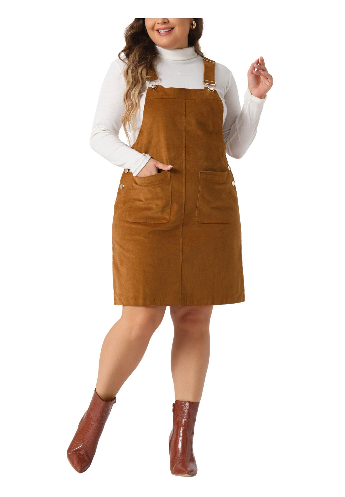 Suspender Skirt Adjustable Strap Pinafore Corduroy Overalls Dress, Brown / Brown, alternate image number 2