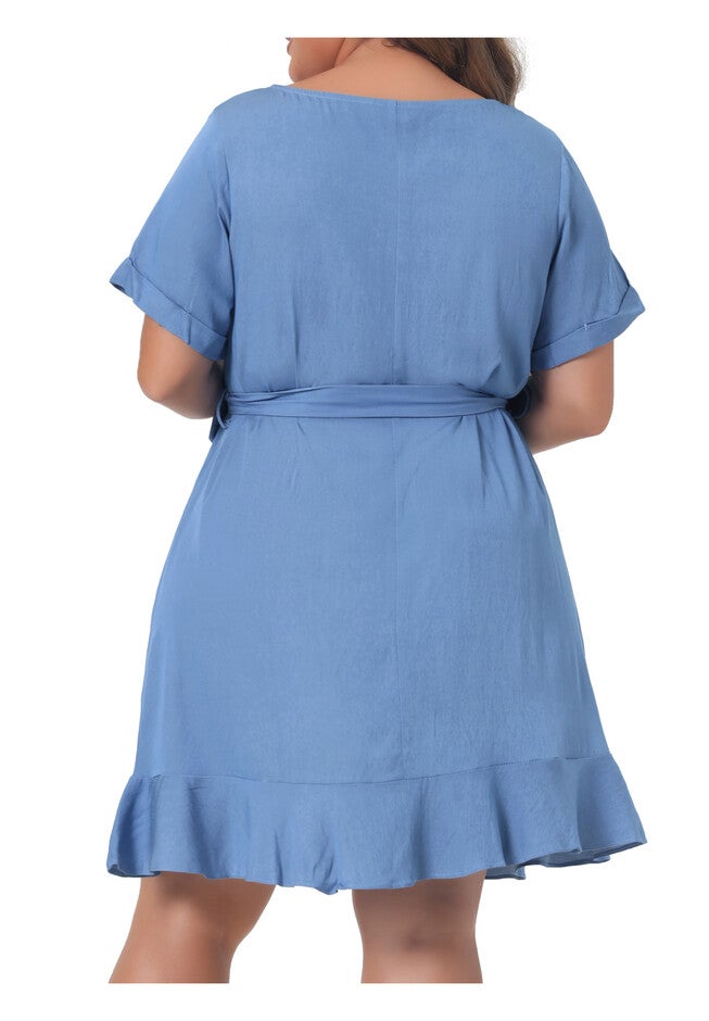 Summer Tie Waist Short Sleeve Sundress Ruffle Midi Chambray Dress, Light Blue / Light Blue, alternate image number 3