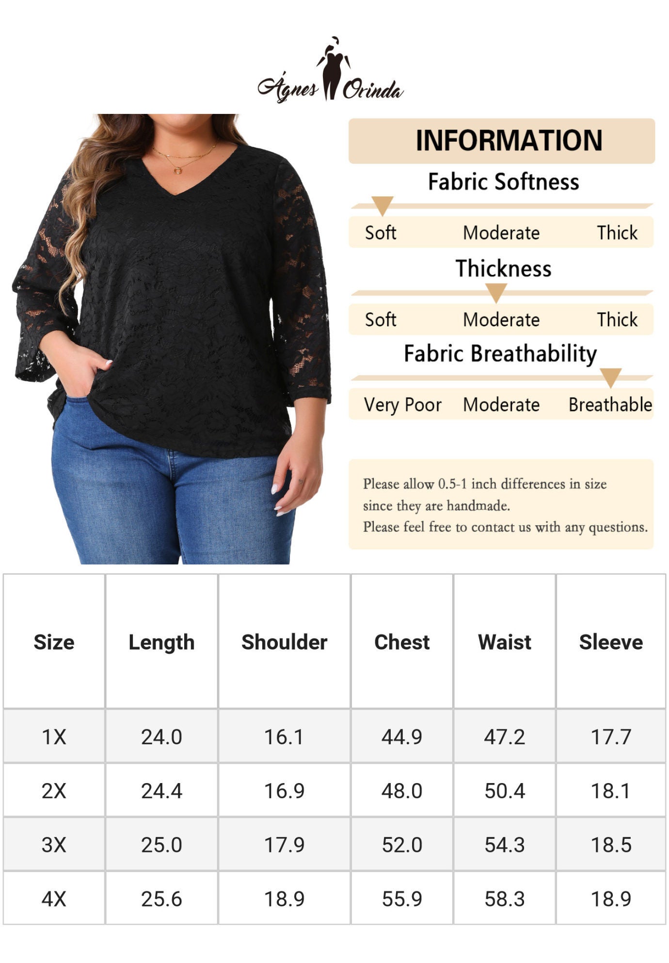 3/4 Bell Sleeve V Neck Elegant Floral Lace Blouse, Black / Black, alternate image number 3