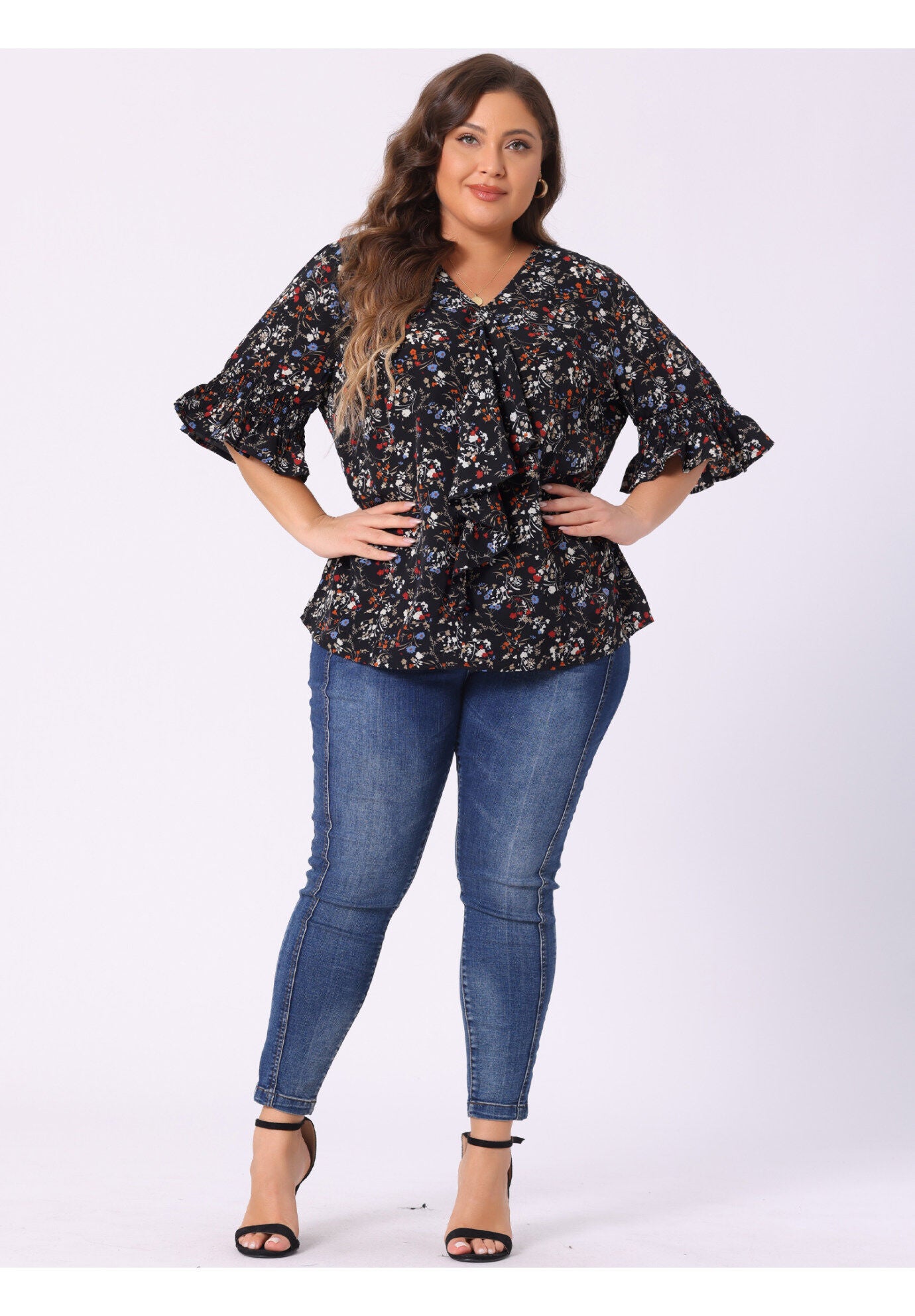 Ruffle Blouse V Neck Smocked Sleeves Top, Black / Black, hi-res image number 0