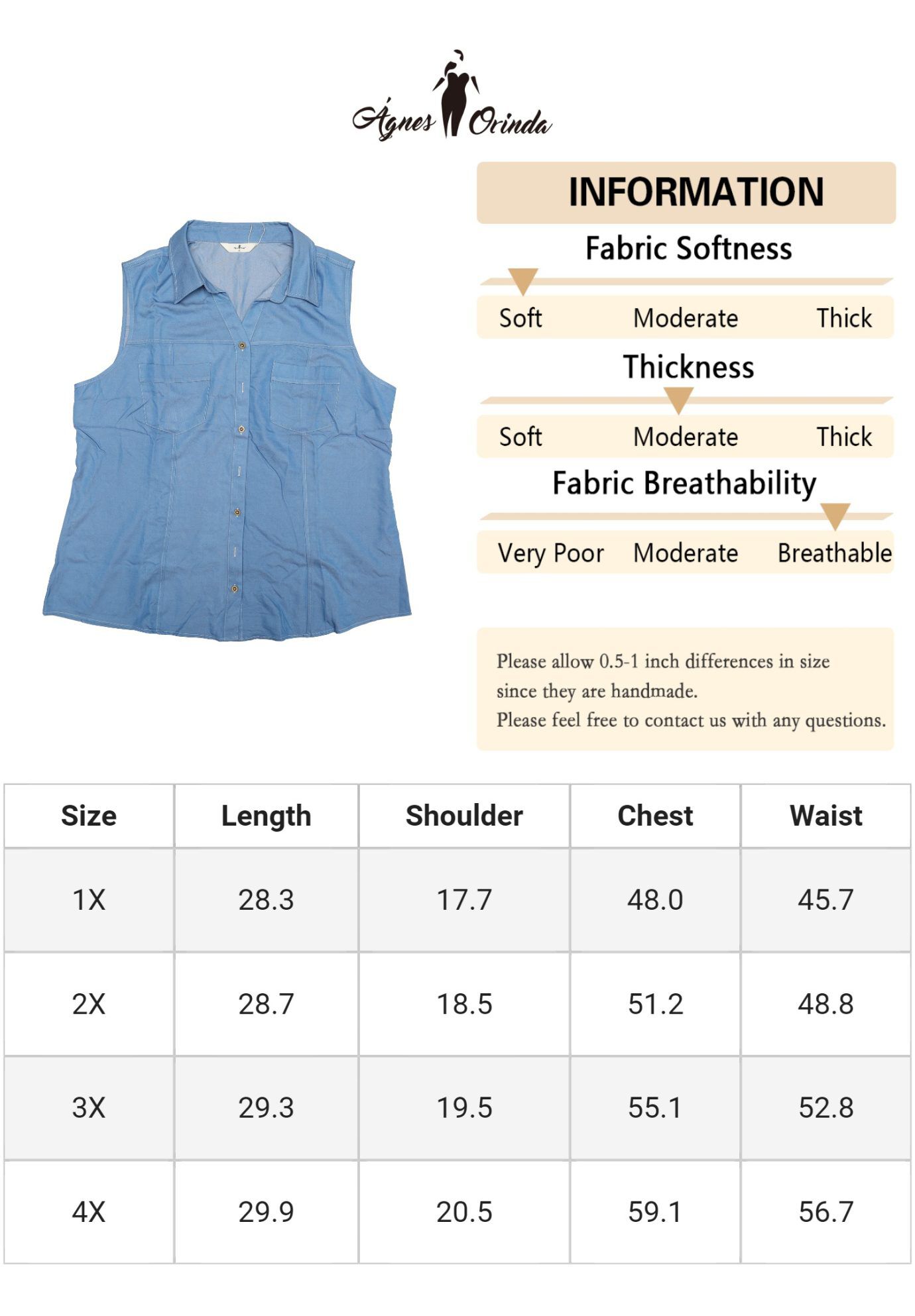 Sleeveless Button Down Shirt Chambray Top, Sky Blue / Light Blue, alternate image number 4
