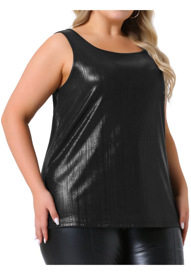 Crew Neck Sleeveless Holographic Shiny Metallic Tank Top, Black / Black, alternate image number 1