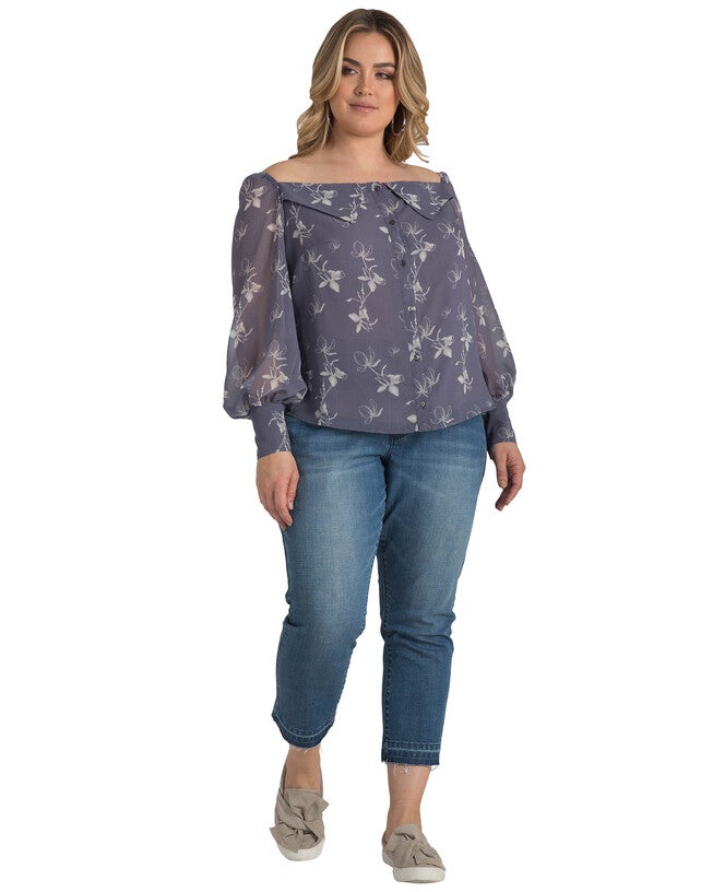 Plus Size Floral Print Long Sleeve Button Down Off-The-Shoulder Blouse, , alternate image number 8