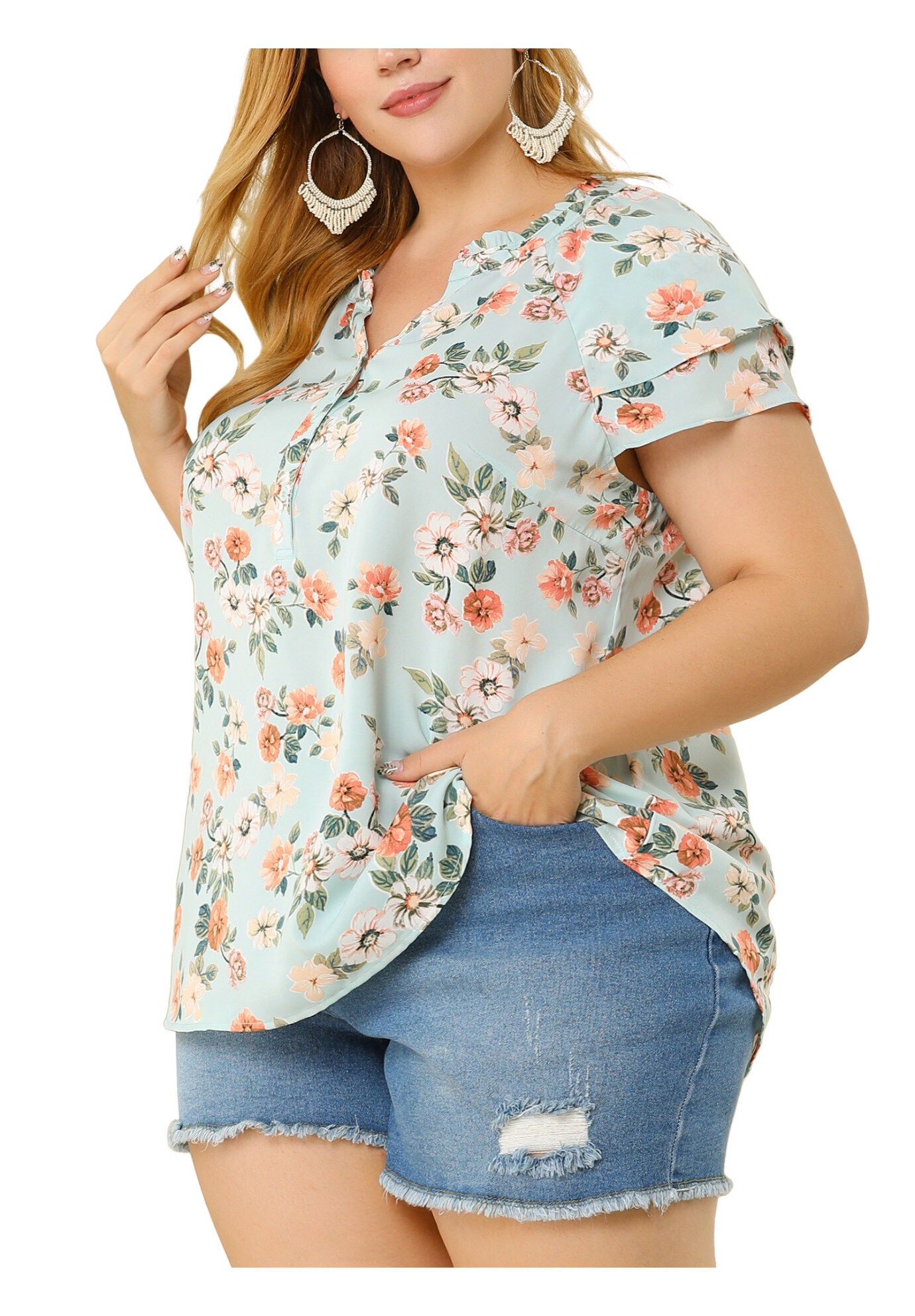 Floral Ruffle Trim V Neck Layered Sleeve Blouse, Light Blue / Light Blue, alternate image number 2