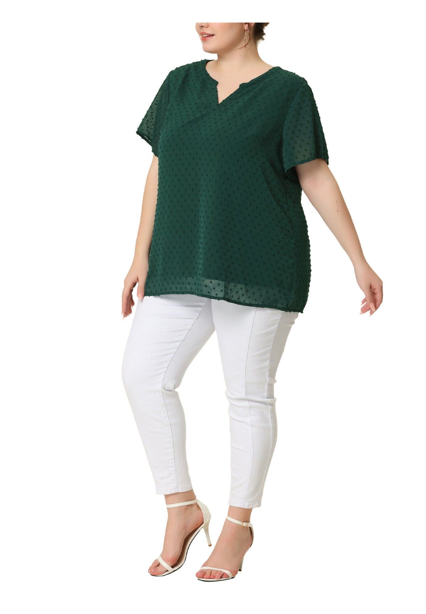 Swiss Dots Notched Neck Short Sleeve Basic Blouse, Dark Green / Hunter Green, alternate image number 1