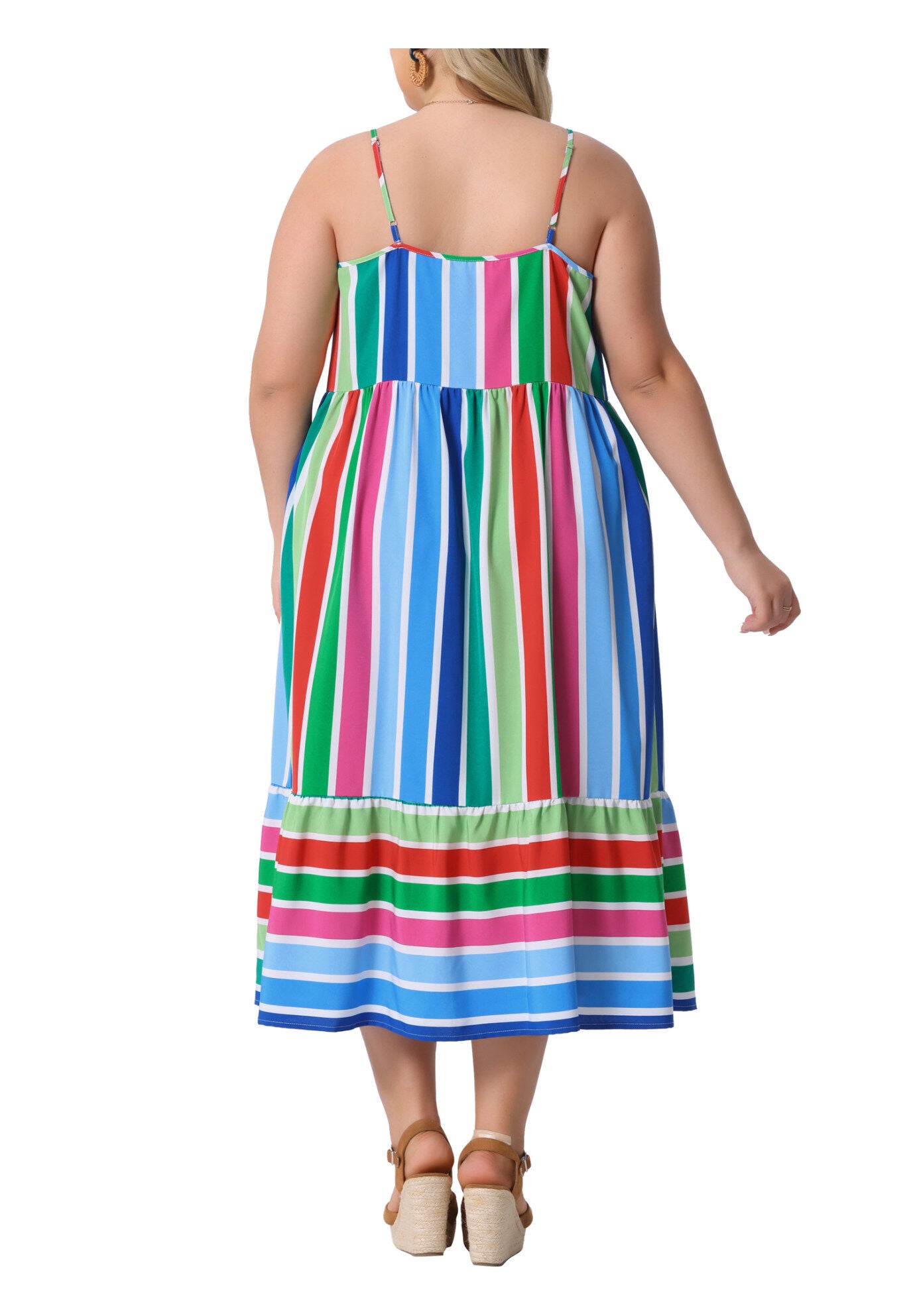 Summer Sleeveless Adjustable Straps Striped Loose Midi Cami Dress, Green Red / Light Blue, alternate image number 3