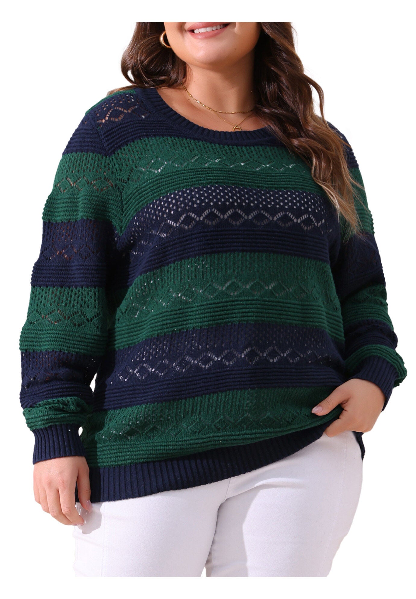Crewneck Lightweight Hollow Knit Pullover Top, Green Blue / Navy, alternate image number 2