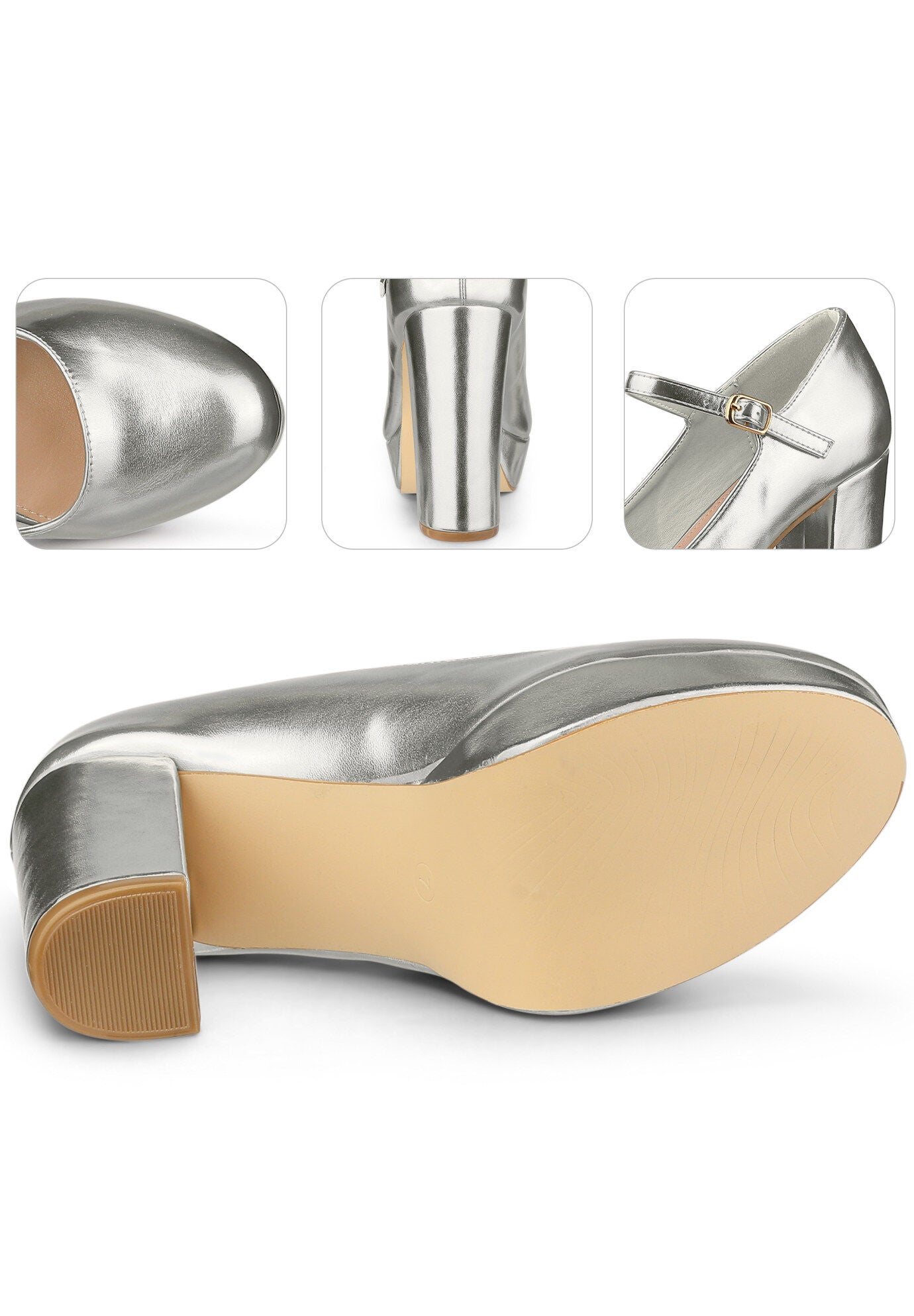 Platform Mary Janes Shoes Chunky High Heels, Silver / Silver, alternate image number 1