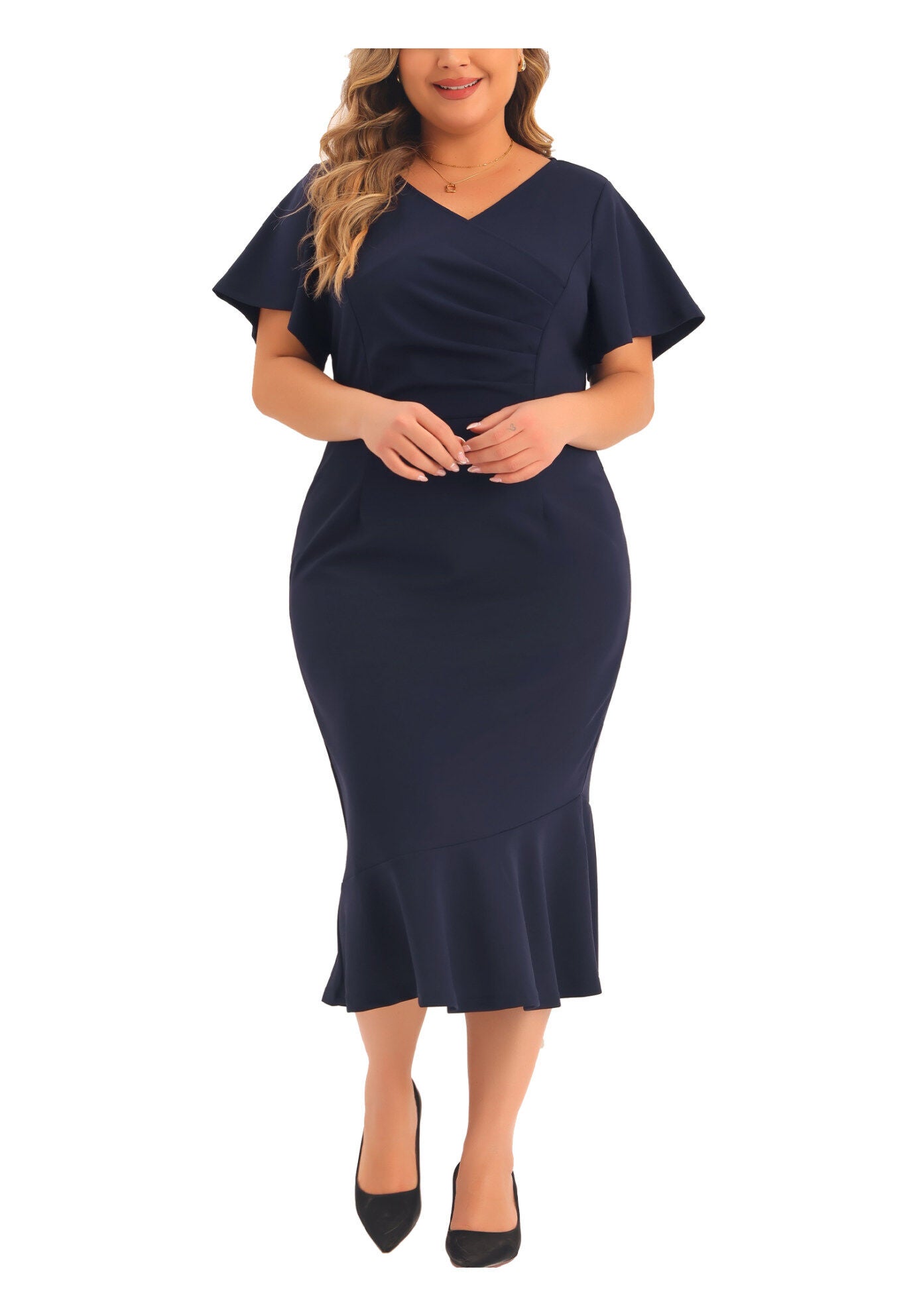 V Neck Ruffled Short Sleeve Cocktail Wrap Dress, Navy Blue / Navy, alternate image number 2
