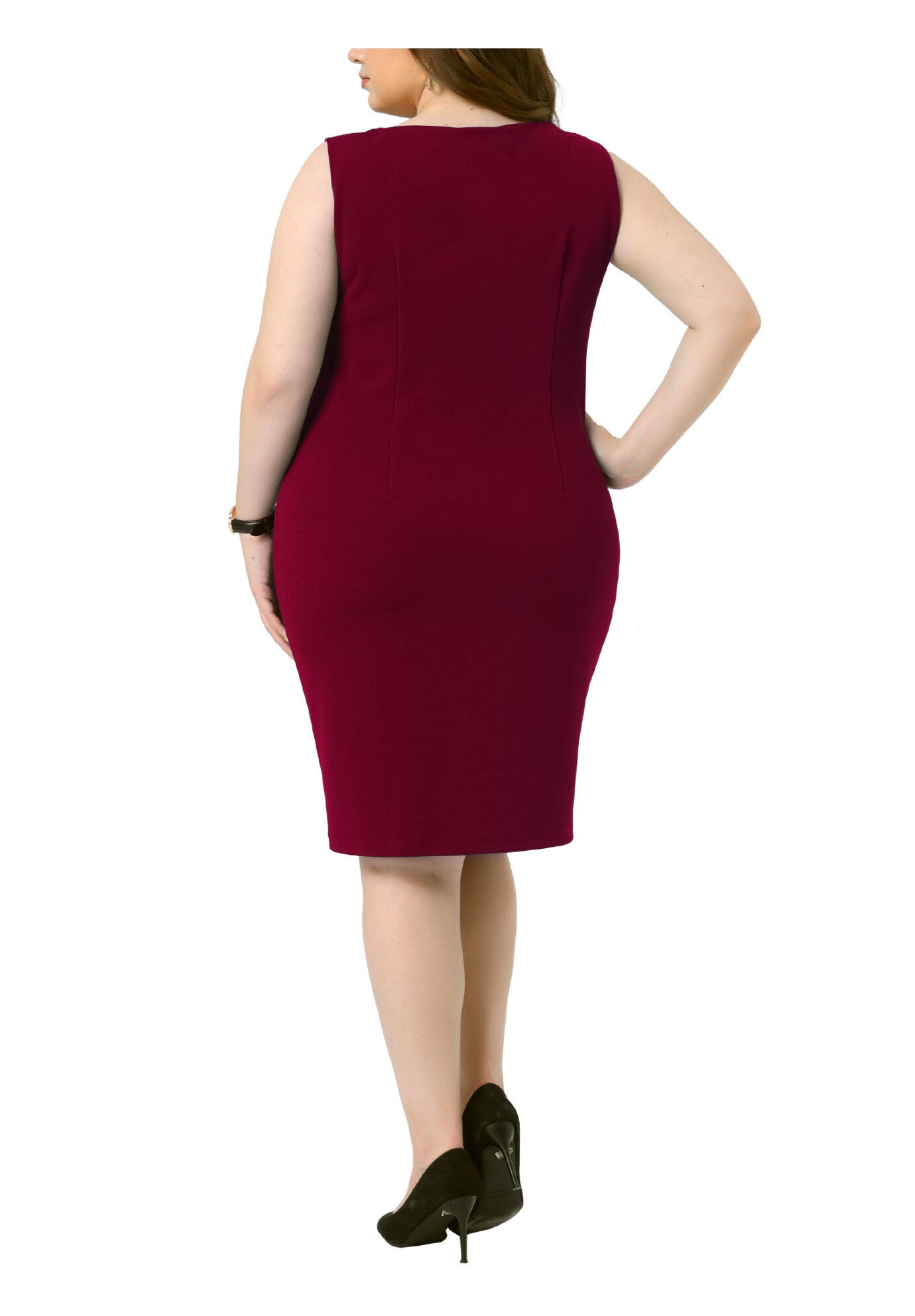 SLEEVELESS BOAT NECK STRAIGHT PENCIL SHEATH DRESS, Burgundy / Burgundy, alternate image number 3