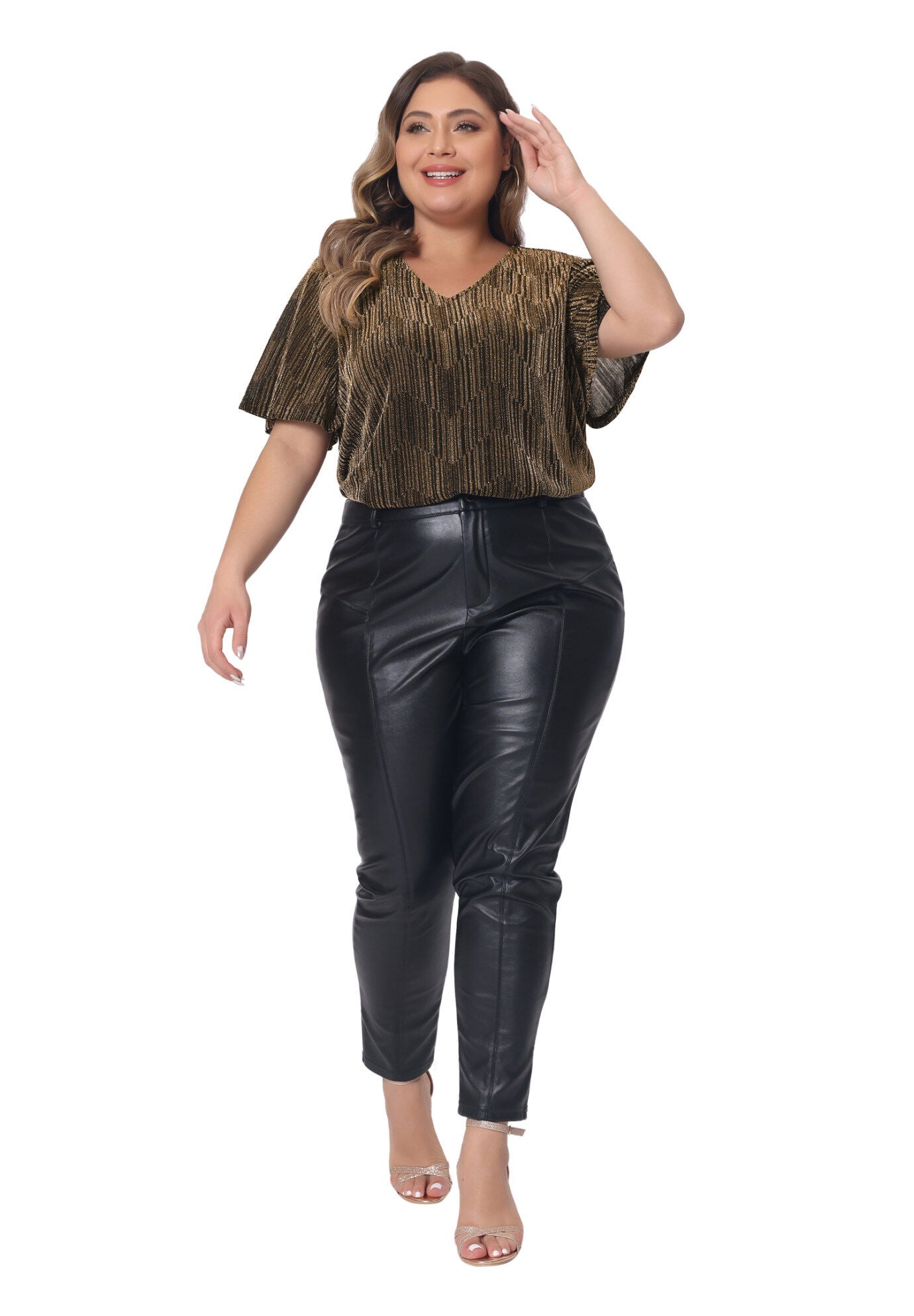 V Neck Metallic Short Sleeve Party Blouse Tee Top, Gold / Gold, hi-res image number 0