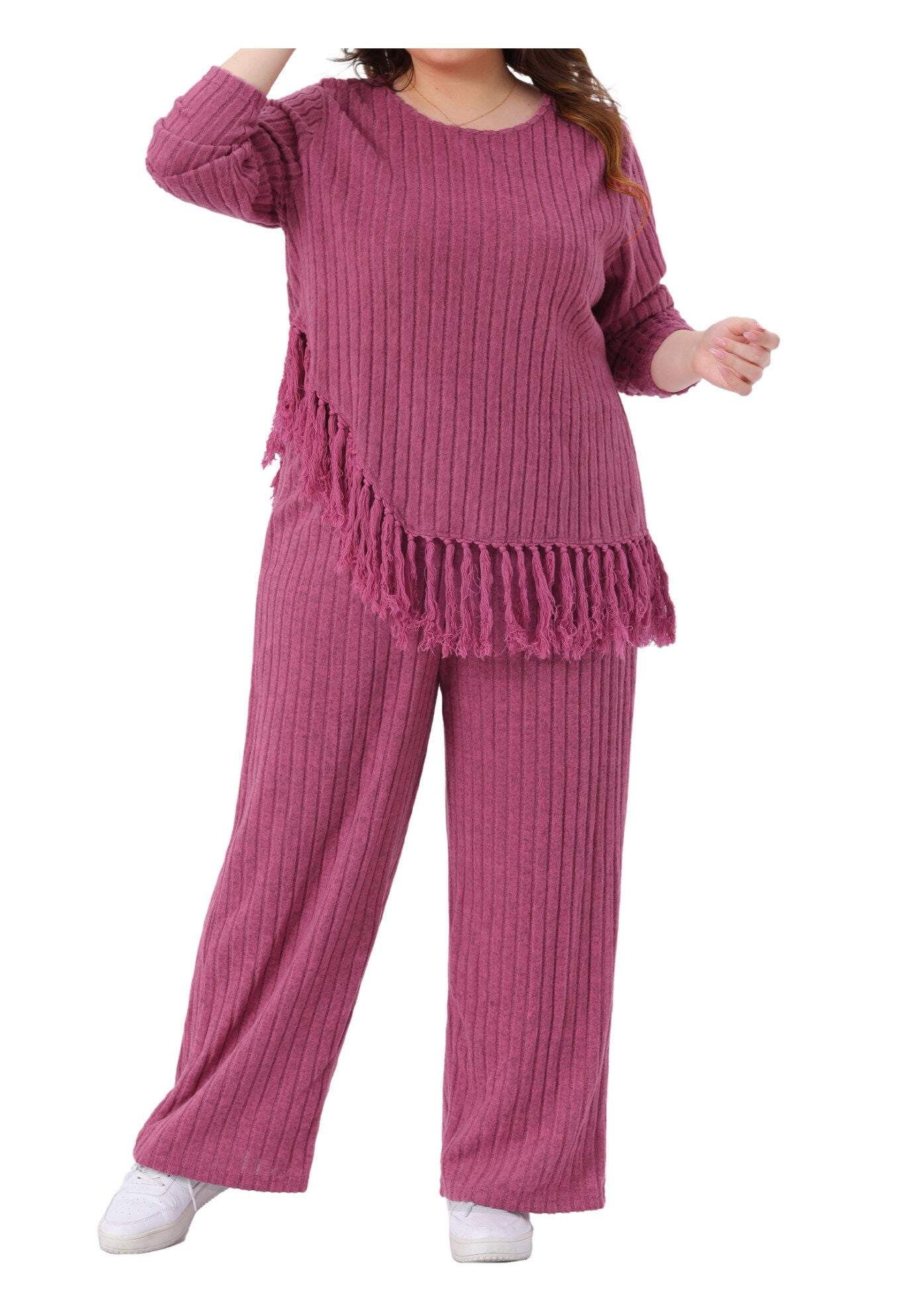 2 Piece Lounge Set Asymmetrical Fringe Hem Outfits, Hot Pink / Deep Fuchsia, alternate image number 2