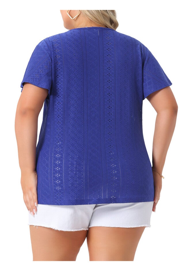 Summer Tee V Neck Hollow Flare Short Sleeve Casual Top Tunic, Royal Blue / Royal Blue, alternate image number 3