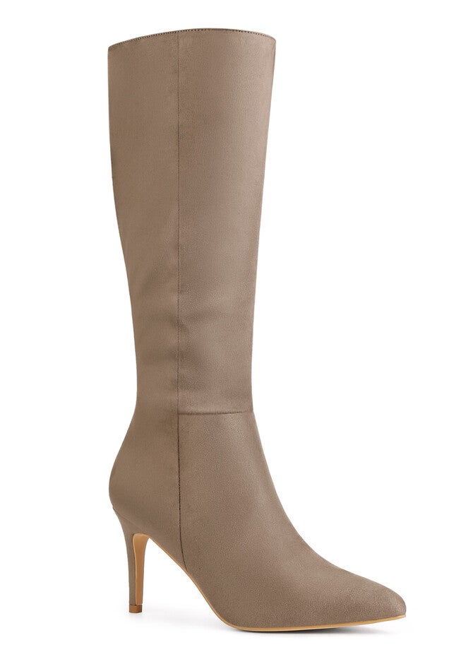 Pointed Toe Stiletto Heels Side Zip Knee High Boots, Taupe / Taupe, hi-res image number 0