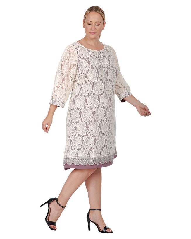 Everleigh Women's Plus Size Elegant Floral Lace Boat Neck 3/4 sleeve Midi Dress, Beige / Ivory, alternate image number 2