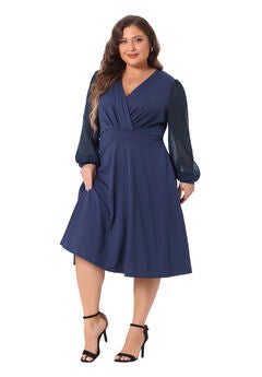Long Sleeve Swiss Dots Wrap V Neck Formal Knee Length Dress