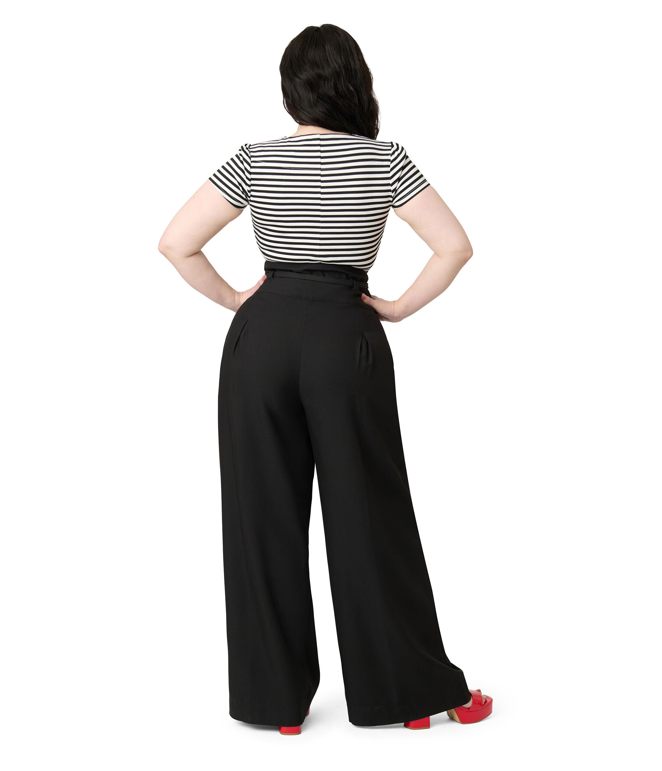 Unique Vintage Plus Size Denim Wide Leg Pleated Pants, Black / Black, alternate image number 2