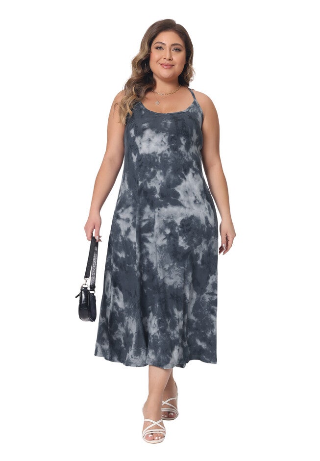 Round Neck Tie Dye Spaghetti Strap Cami Midi Dress, Grey / Charcoal Grey, hi-res image number null