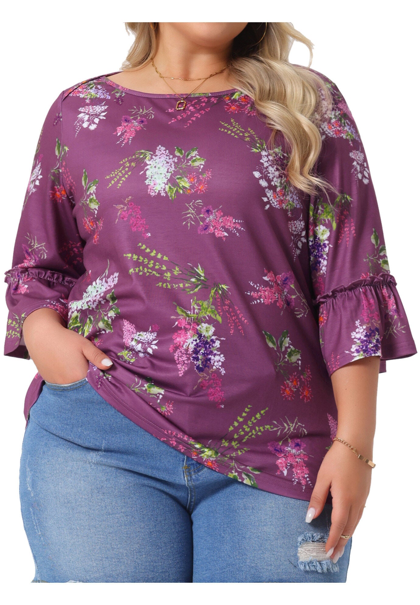 3/4 Ruffle Sleeve Boat Neck Summer Floral Top, Purple / Purple, alternate image number 1