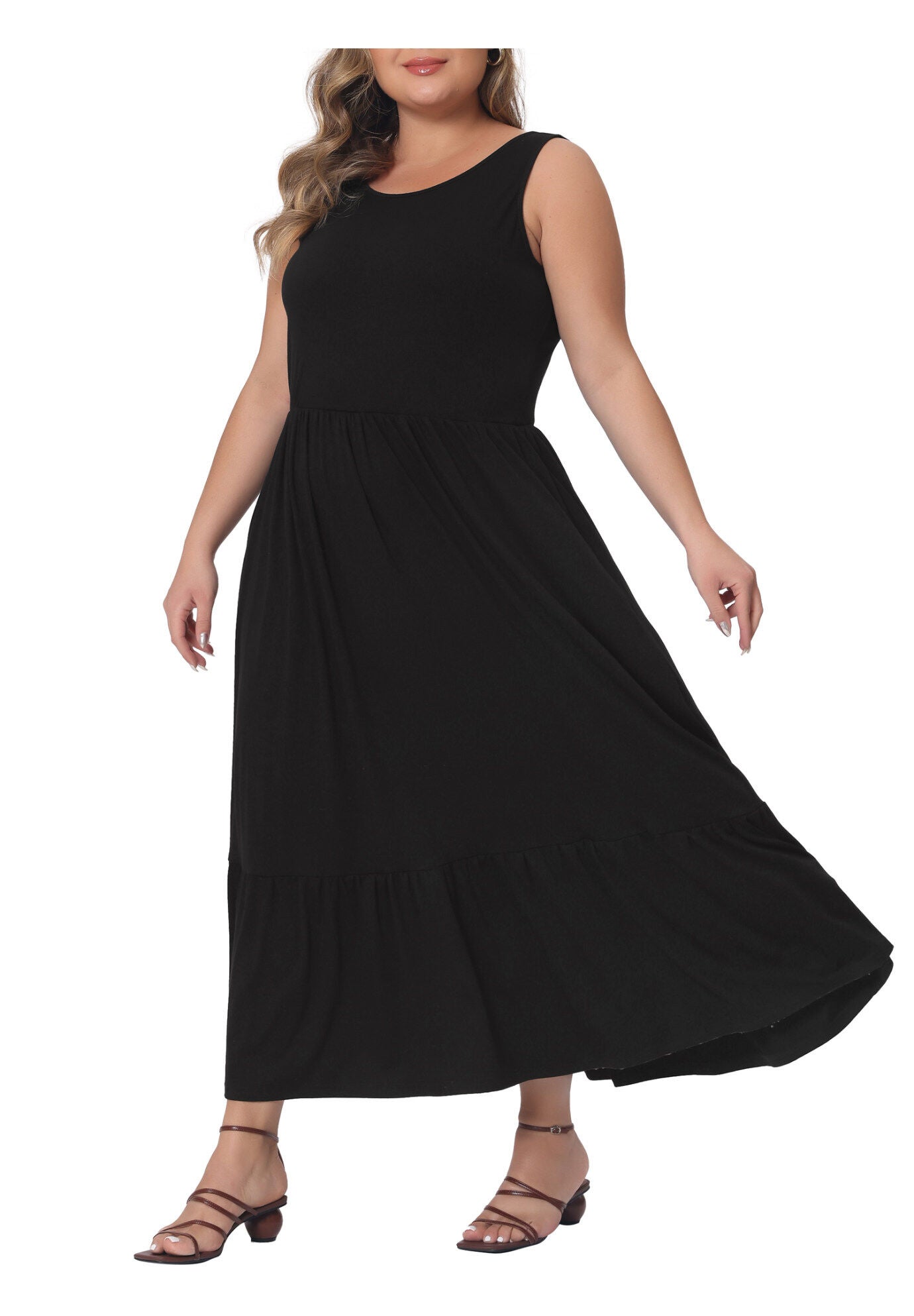 Sleeveless Swing Flowy Summer Maxi T-Shirt Dress with Pockets, Black / Black, alternate image number 1