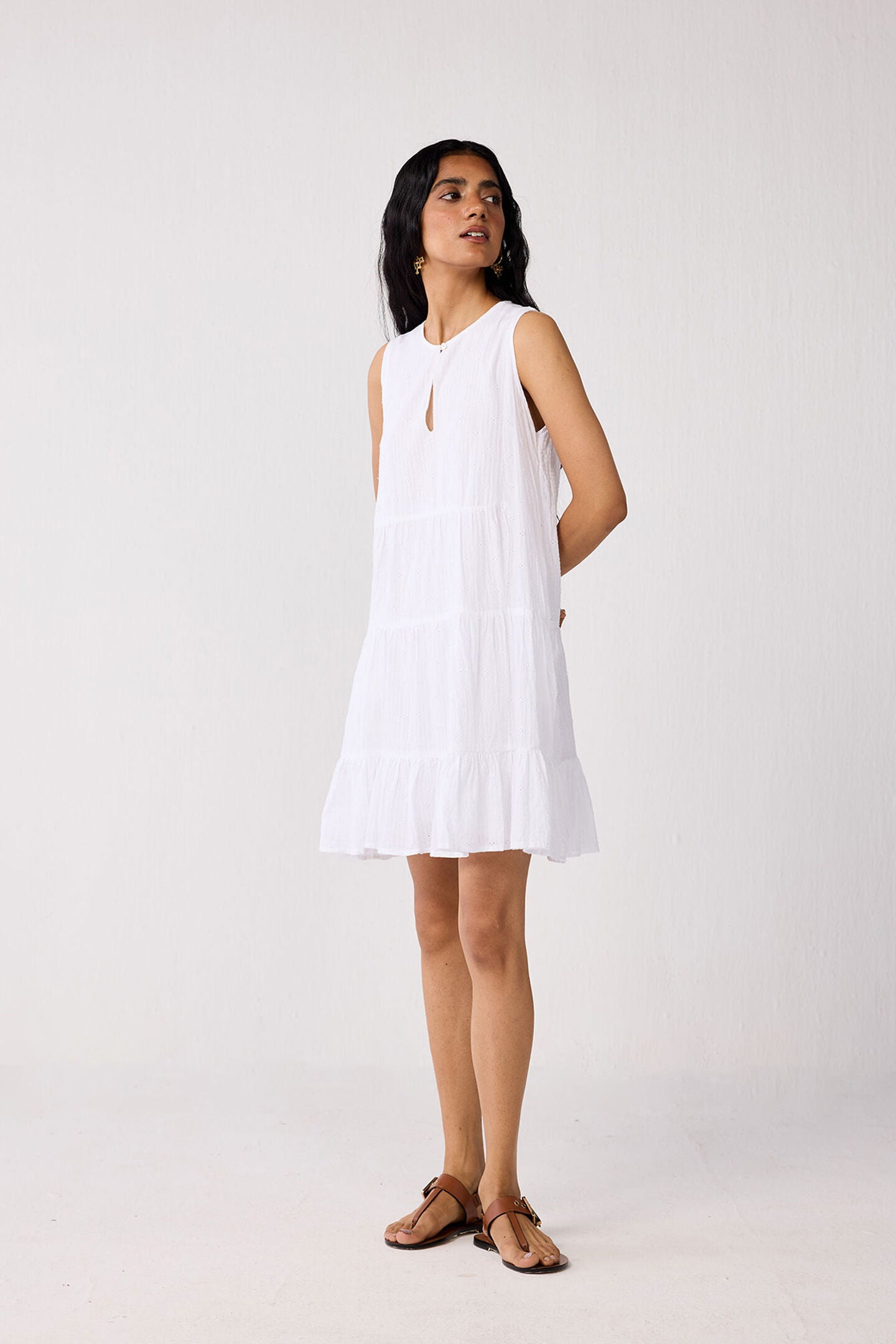 Embroidered Everyday Sleeveless Short Tiered Dress in White, Textured Eyelet in White / White, alternate image number 5