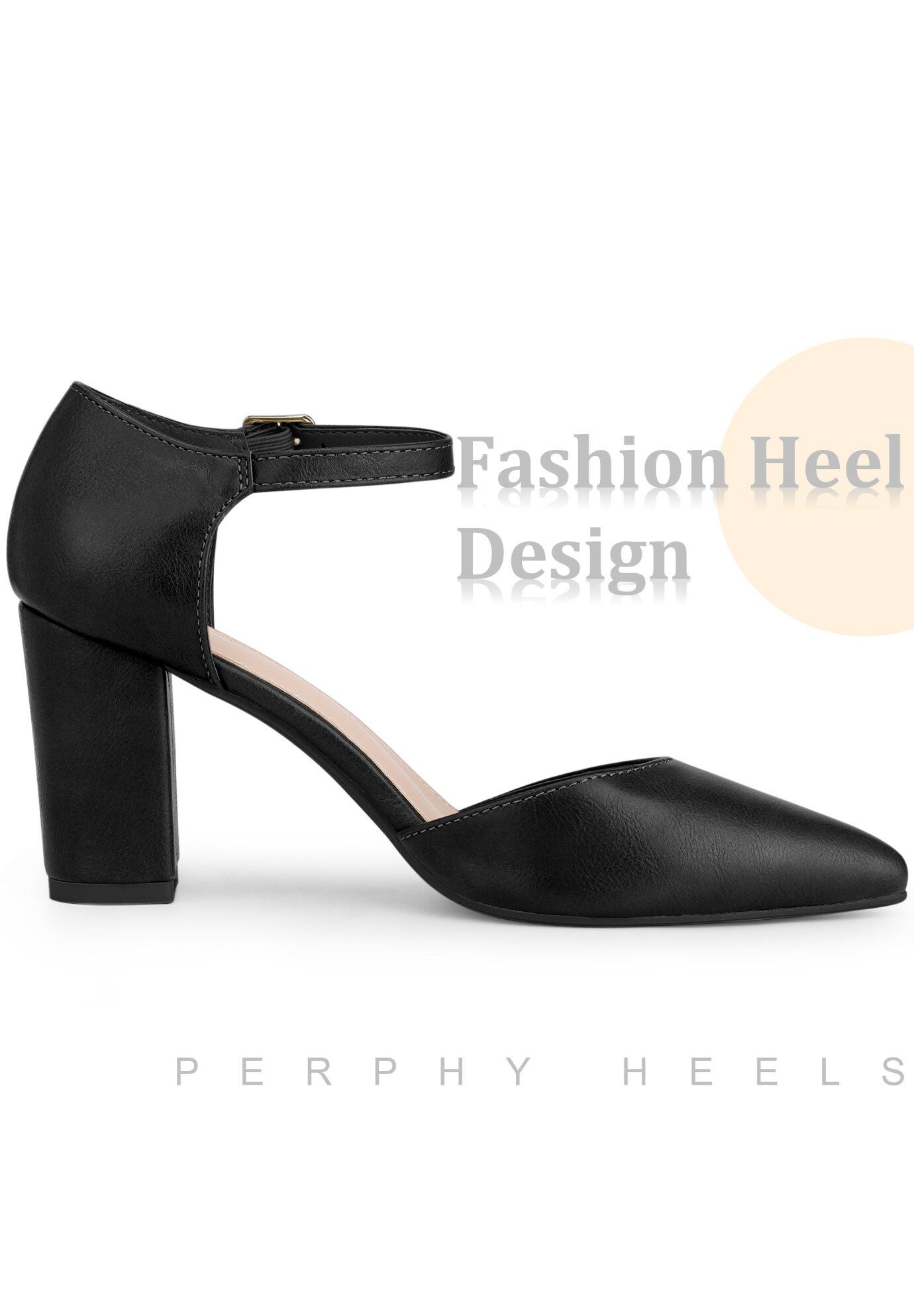 Pointed Toe Ankle Strap Pumps Chunky Heel, Black / Black, alternate image number 2