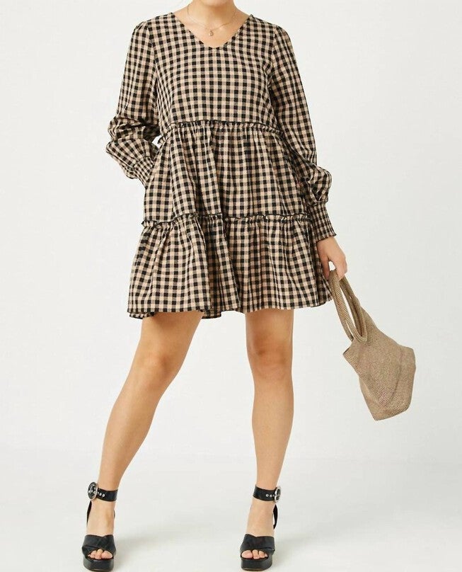 CHECKERED TIERED DRESS IN BLACK, Black / Black, hi-res image number 0