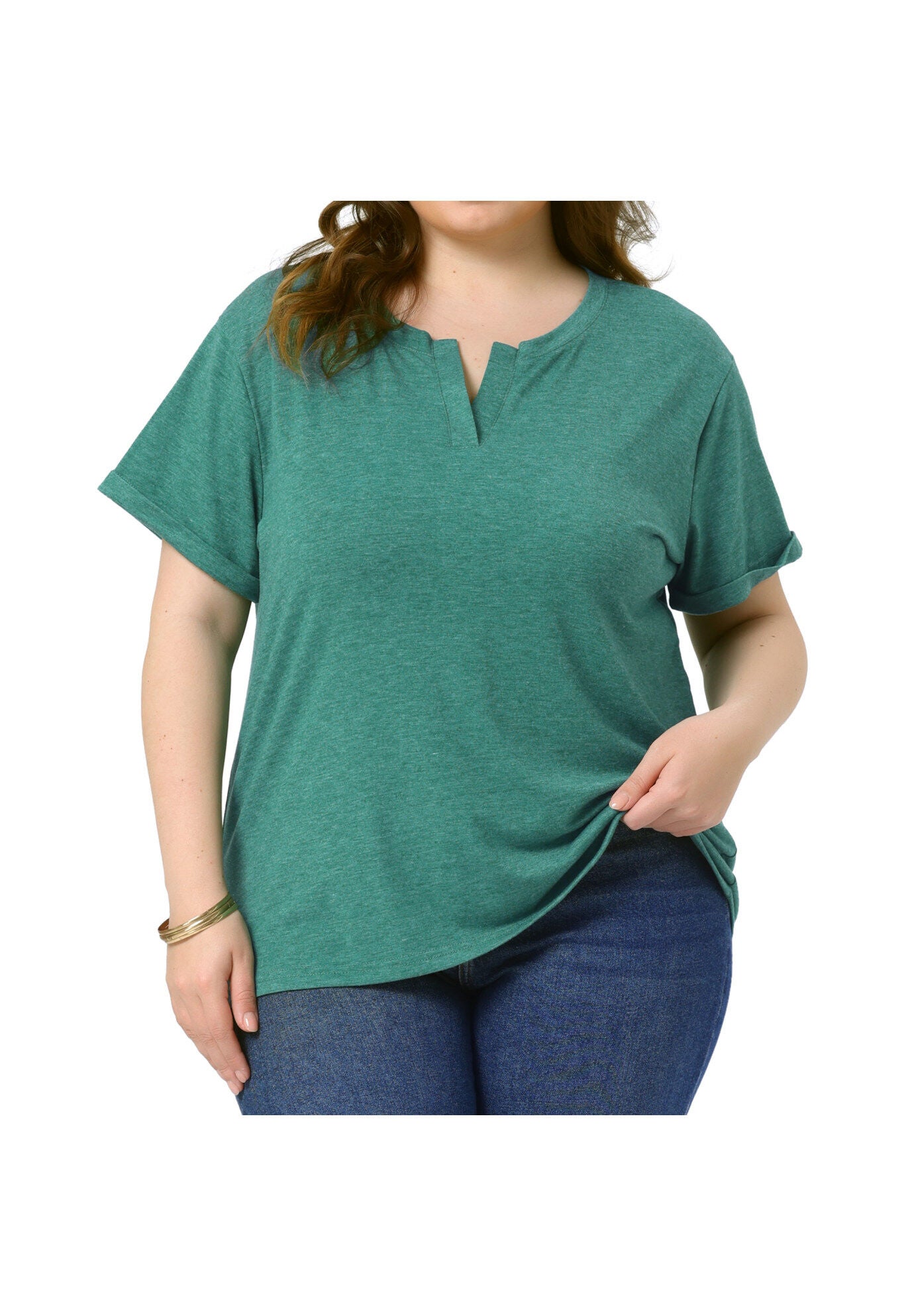 Short Sleeve Notched V Neck Summer Tees Tops, Green / Quetzal Green, alternate image number 2