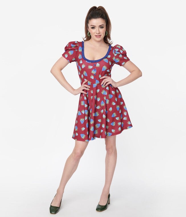 Smak Parlour Burgundy & Blue Strawberry Group Chat Flare Dress, Burgundy  Blue Strawberries / Burgundy, alternate image number 1
