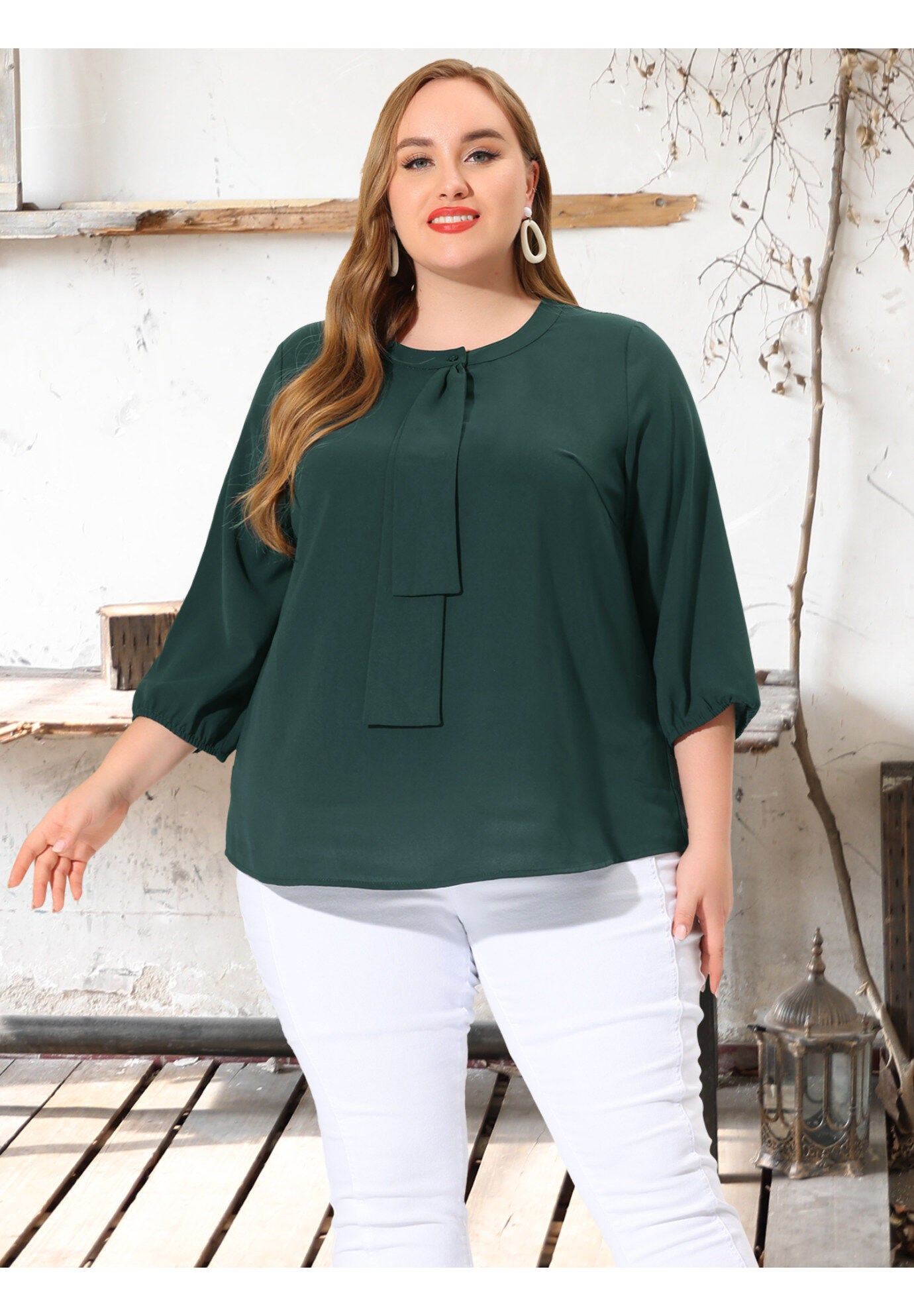 3/4 Sleeve Work Office Tie Front Ruffle Chiffon Blouse Top, Dark Green / Forest Green, hi-res image number 0
