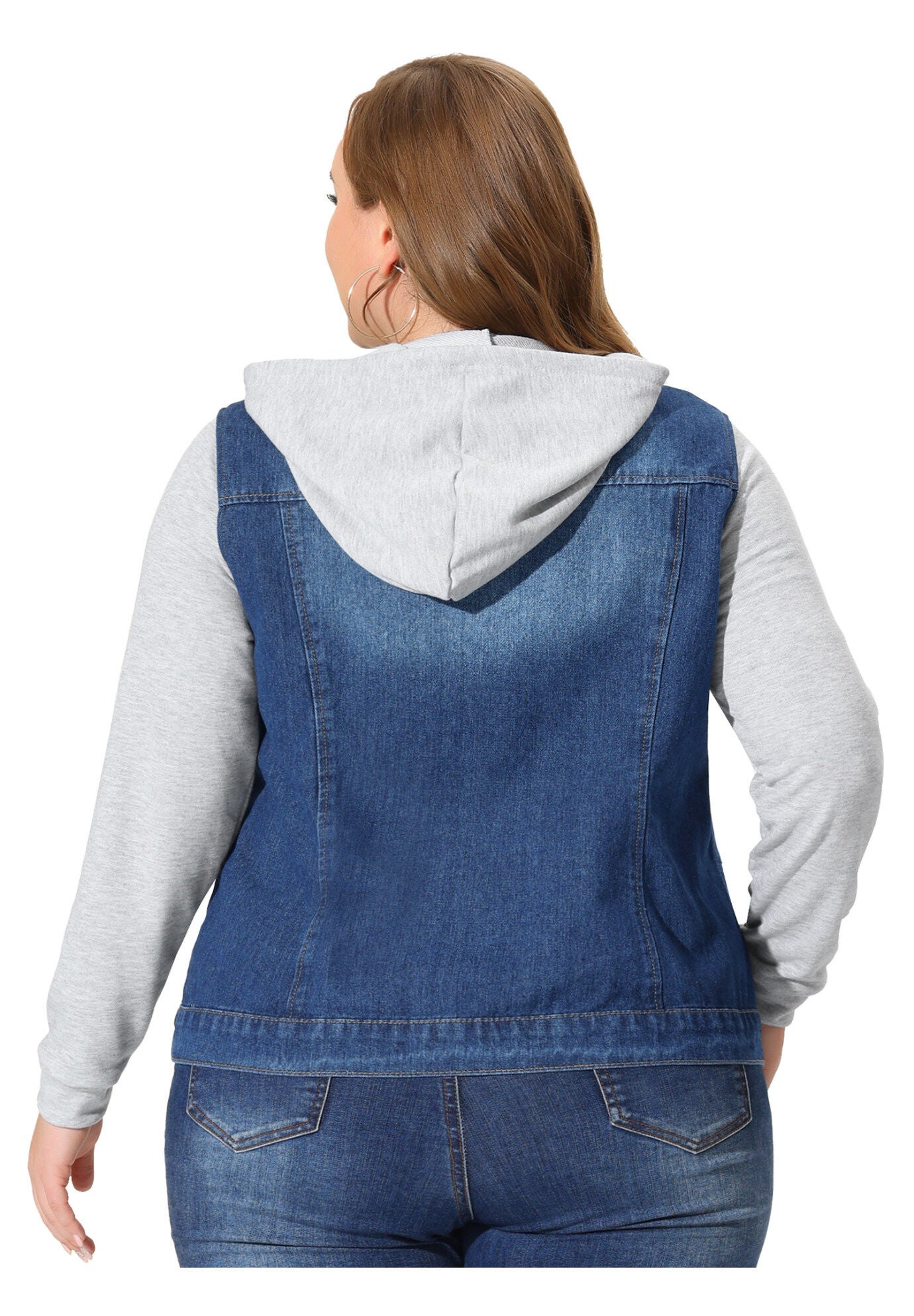 LAYERED DRAWSTRING HOODIE DENIM JEAN JACKET, Dark Blue / Navy, alternate image number 2