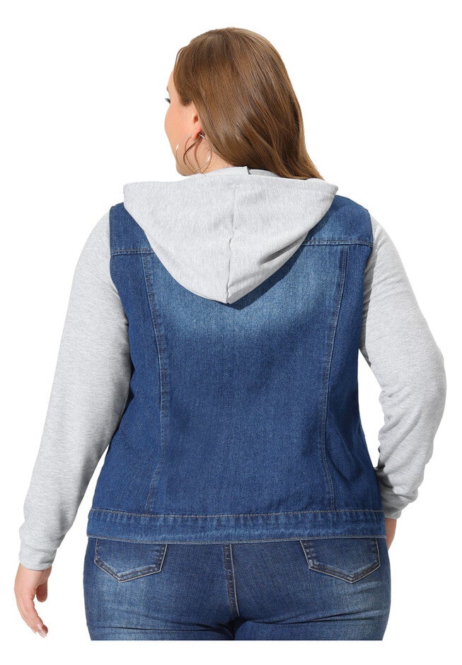 LAYERED DRAWSTRING HOODIE DENIM JEAN JACKET, Dark Blue / Navy, alternate image number 2