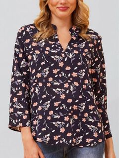 Sherine Blouse Floral Print V Neck Navy