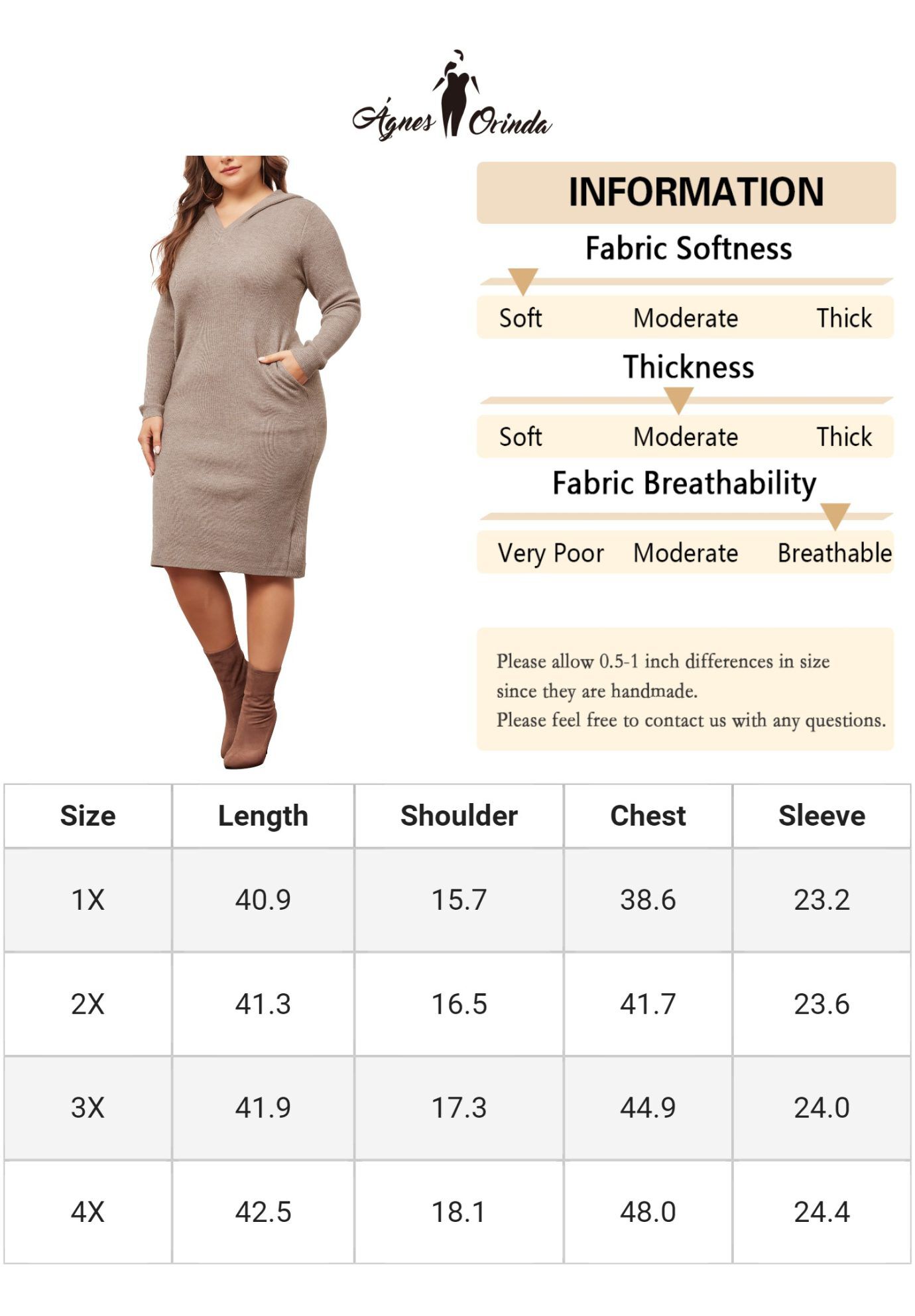 Long Sleeve Knit Pullover Hooded with Pocket Sweater Dress, Khaki / Brown, alternate image number 2