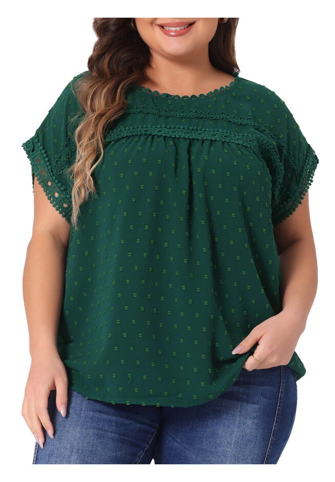Swiss Dots Lace Crochet Short Sleeve Chiffon Blouse, Dark Green / Hunter Green, alternate image number 2