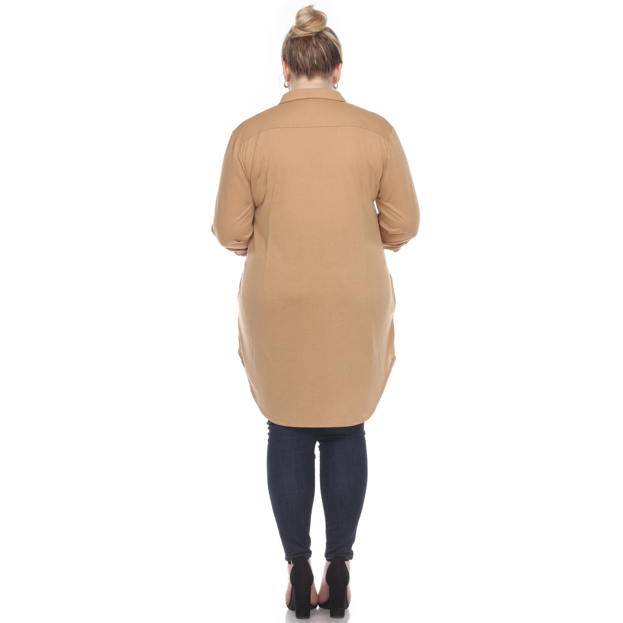 Stretchy Button Down Tunic Top, Camel / Brown, alternate image number 4