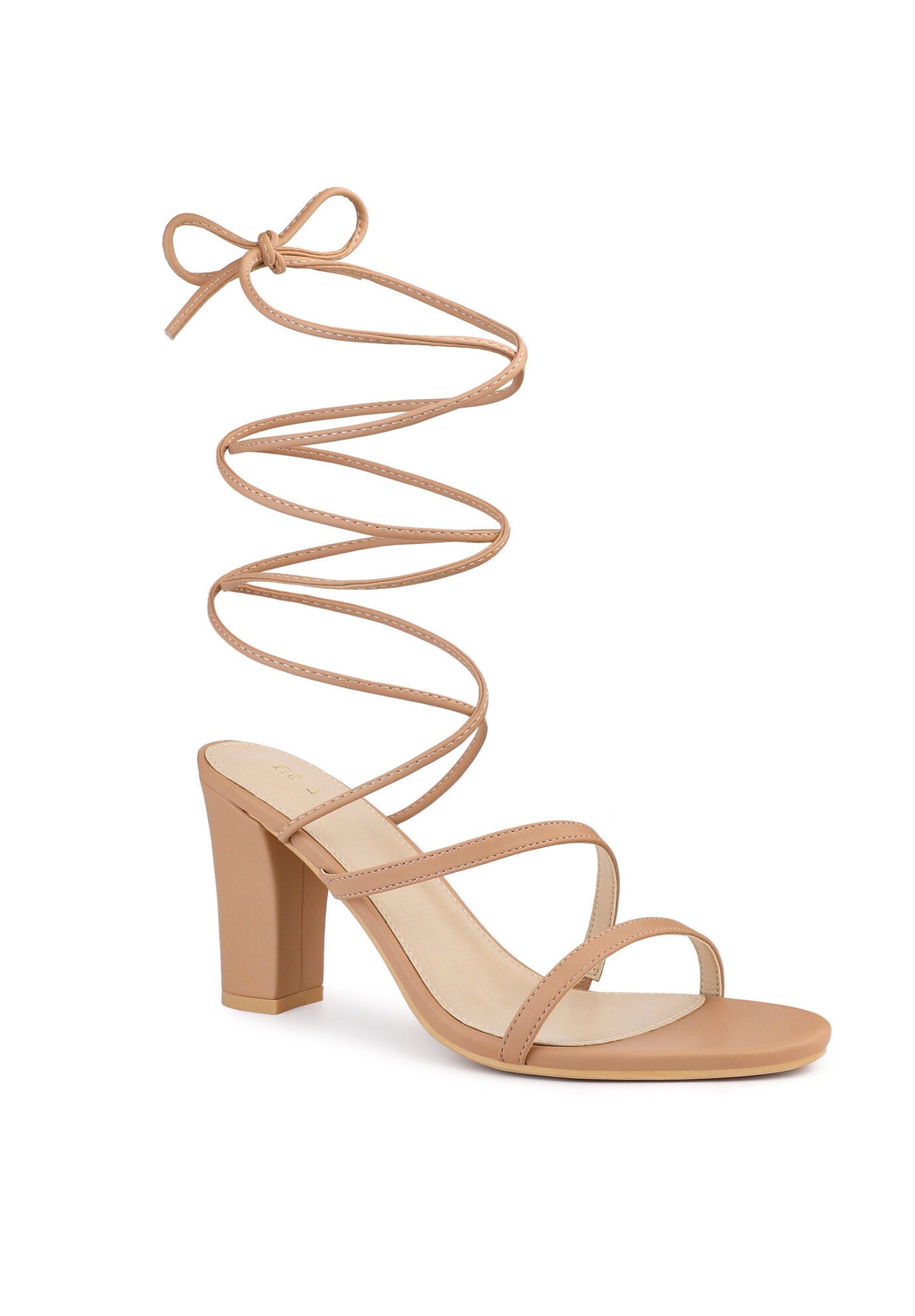 Lace Up Block Heel Strappy Heels Sandals, Nude / Tan, hi-res image number 0