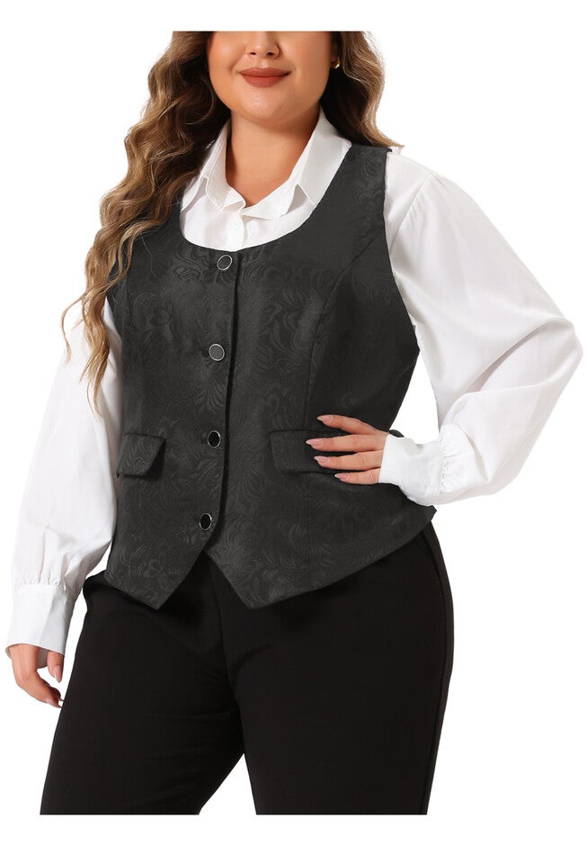 SLEEVELESS JACQUARD STEAMPUNK WAISTCOAT VEST, Black / Black, alternate image number 1