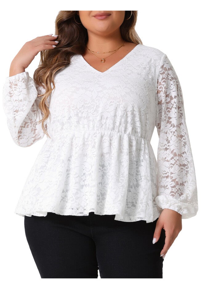 Lace Elegant Long Sleeve Floral Peplum Blouse, White / White, alternate image number 2