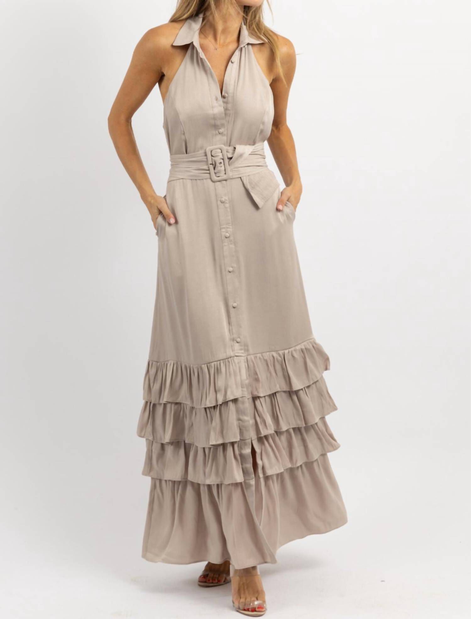 ELEANOR BELTED MAXI DRESS IN BEIGE, Beige / Beige, hi-res image number 0