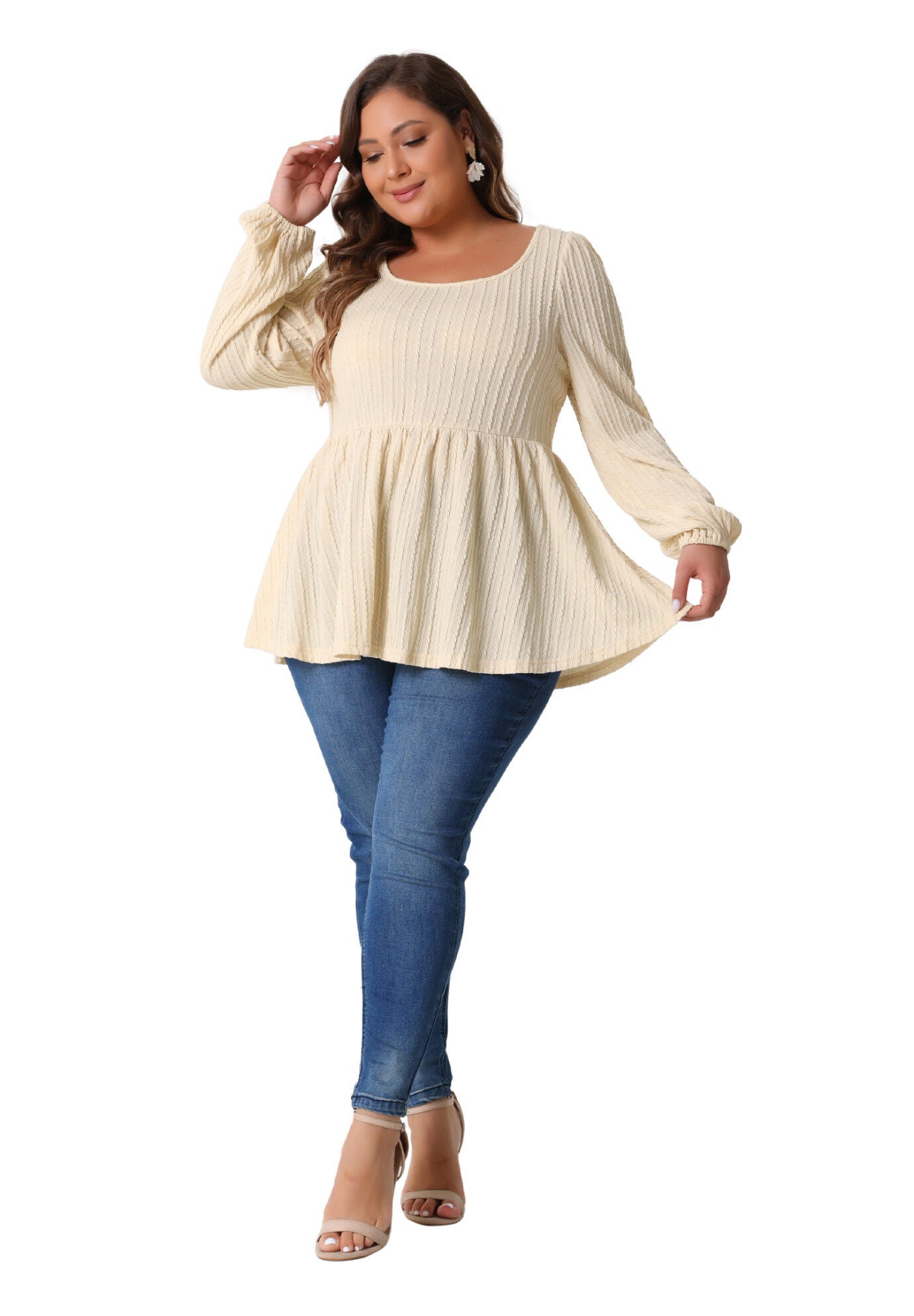 Scoop Neck Long Sleeve Ruffle Hem Peplum Knit Blouse, Beige / Beige, hi-res image number 0