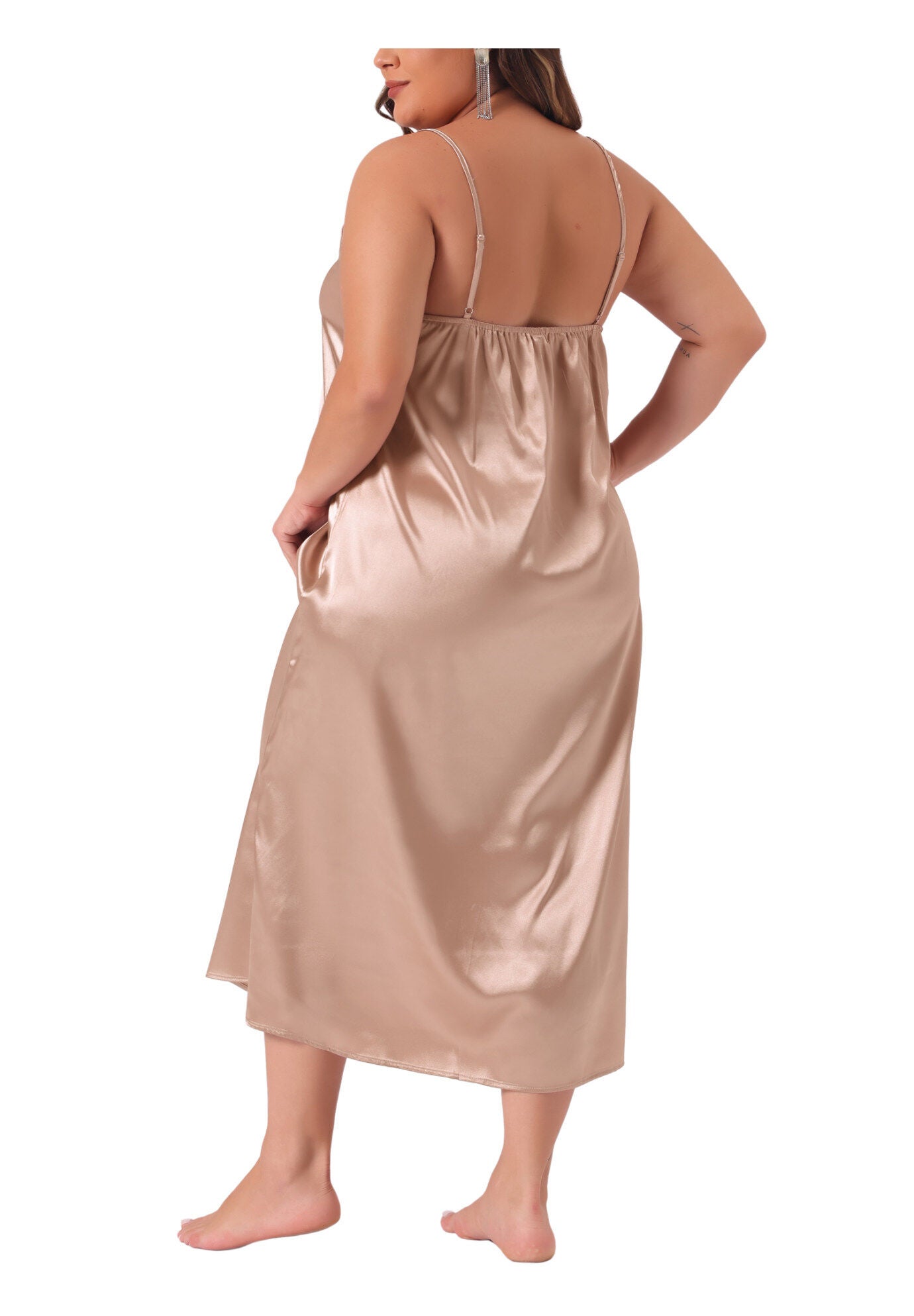 V Neck Satin Pajamas Sleeveless Cami Slip Dress, Champagne / Gold, alternate image number 3