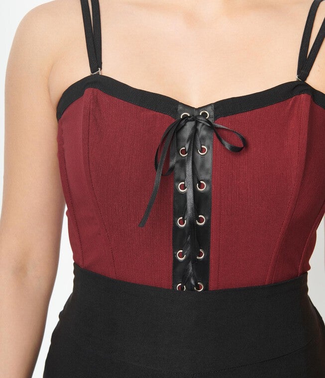 Unique Vintage Burgundy & Black Corset Top, Burgundy Black / Burgundy, alternate image number null